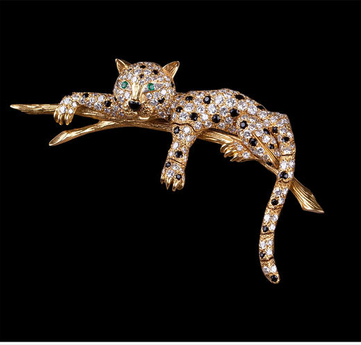 独角鹿西洋古董珠宝首饰法国18K金镶嵌钻石祖母绿花豹造型胸针 商品图2