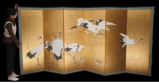 独角鹿西洋古董日本狩野派法桥泉玄签名金地纸本着色仙鹤六曲屏风 商品图1