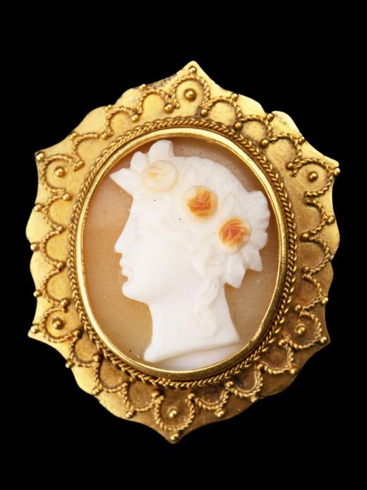独角鹿西洋古董珠宝首饰黄金丝古典女神卡梅奥Cameo贝壳浮雕耳坠 商品图3