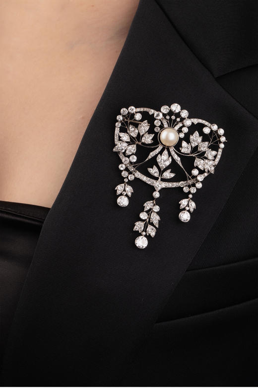 独角鹿西洋古董珠宝铂金镶嵌天然海水珍珠钻石心花绽放胸针吊坠 商品图1