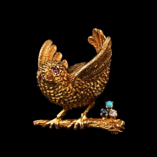 独角鹿西洋古董珠宝首饰英国绿松石蓝宝石钻石镶嵌18K金小鸟胸针 商品图0