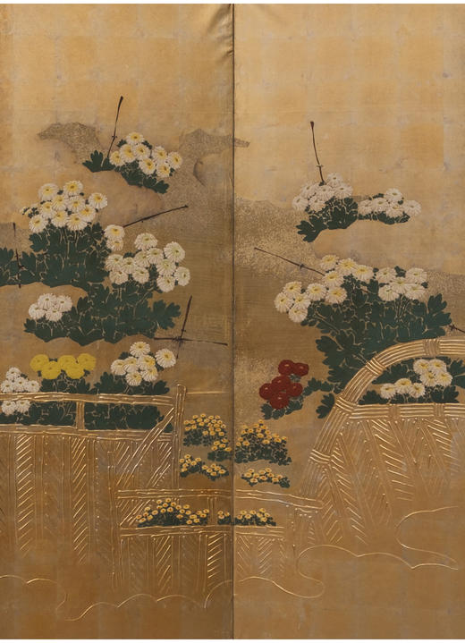 独角鹿西洋古董江户时期琳派风格纸本金地菊园竞卉主题六曲屏风 商品图4