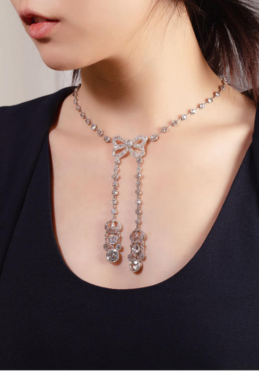 独角鹿西洋古董首饰美好时代铂金镶钻石缎带蝴蝶结Négligée项链 商品图1