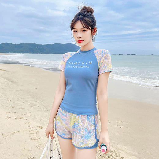 运动风游泳衣女分体保守遮肚显瘦学生上课小胸聚拢温泉平角裤泳装 商品图6