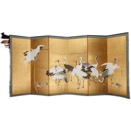 独角鹿西洋古董江户时代画师狩野派群鹤图纸本金叶六曲屏风日式 商品图4