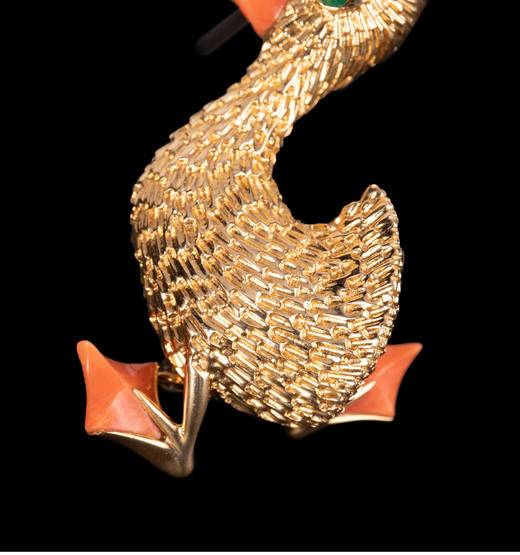 独角鹿西洋古董法国珠宝世家品牌黄金镶祖母绿珊瑚鸭子造型胸针 商品图3