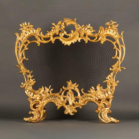 独角鹿西洋古董法国路易十五风格贝纹饰纯铜鎏金镂雕浮雕壁炉屏风