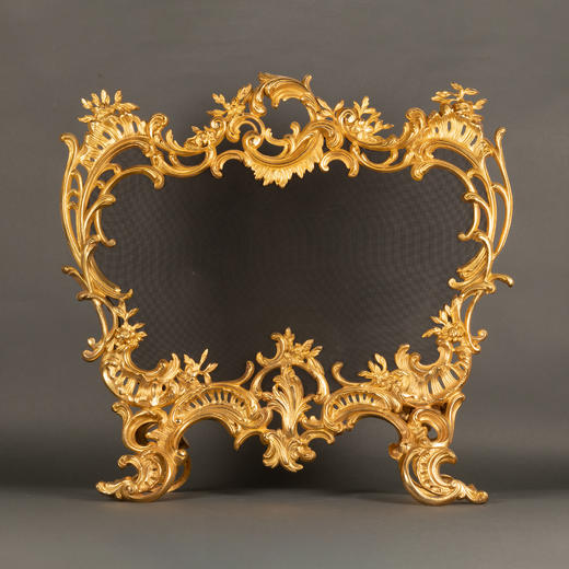 独角鹿西洋古董法国路易十五风格贝纹饰纯铜鎏金镂雕浮雕壁炉屏风 商品图0