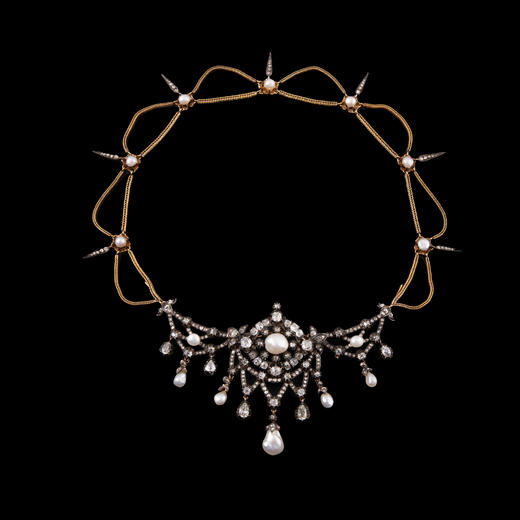 独角鹿西洋古董首饰法国珍珠钻石金银叠打可拆卸垂花帷幔式项链 商品图0