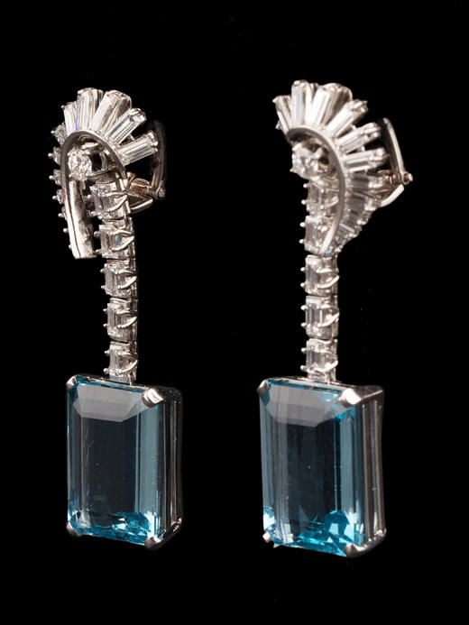 独角鹿西洋古董珠宝Art Deco风格18K白金镶海蓝宝石钻石耳坠耳环 商品图2