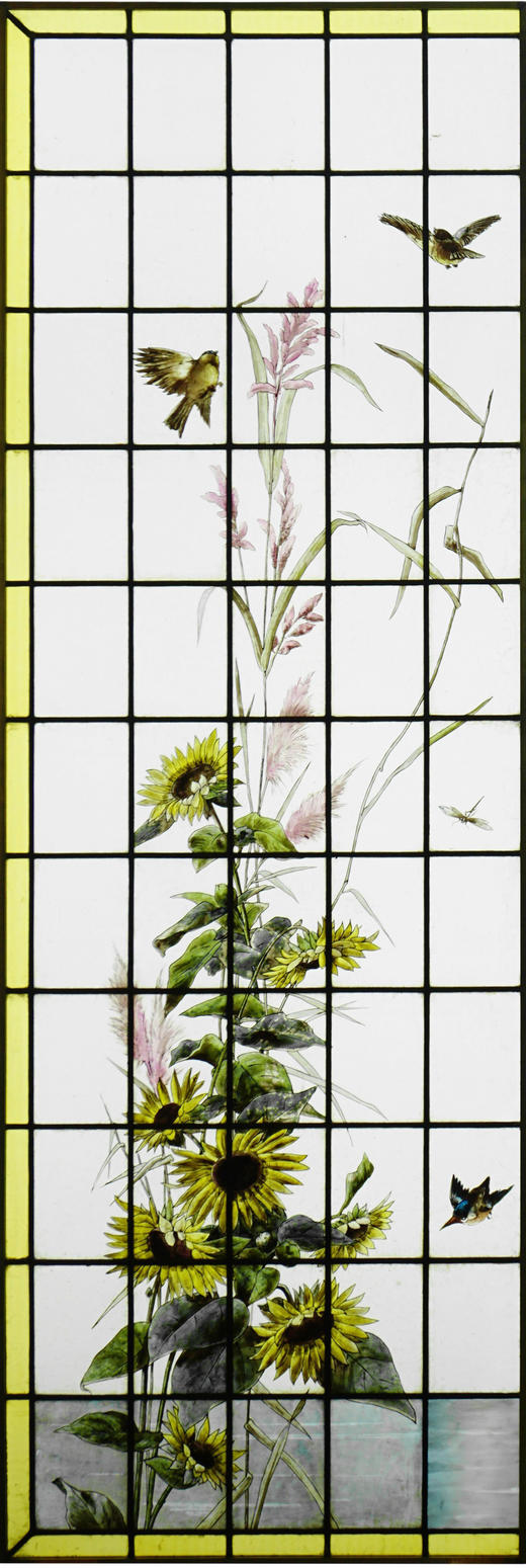 独角鹿西洋古董法国向日葵大丽花水边雀鸟珐琅彩绘玻璃花窗一对 商品图1