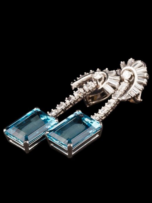 独角鹿西洋古董珠宝Art Deco风格18K白金镶海蓝宝石钻石耳坠耳环 商品图3