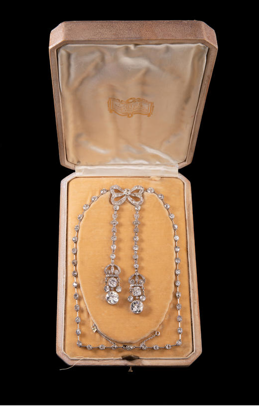 独角鹿西洋古董首饰美好时代铂金镶钻石缎带蝴蝶结Négligée项链 商品图2