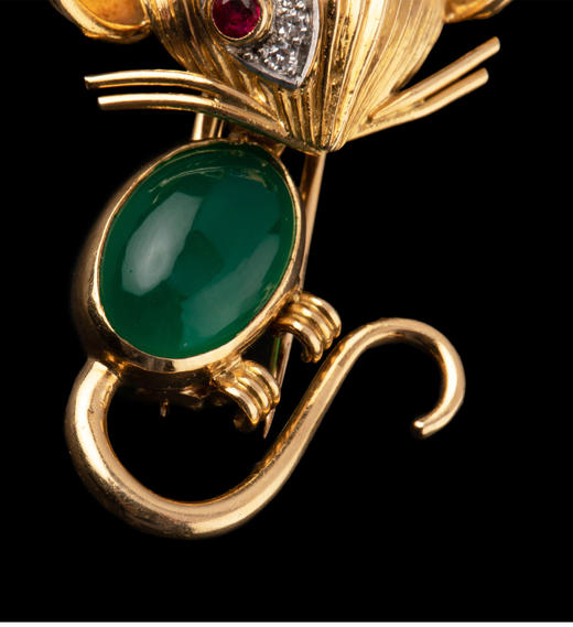 独角鹿西洋古董法国珠宝世家18k金镶钻石绿玉髓红宝石小老鼠胸针 商品图3