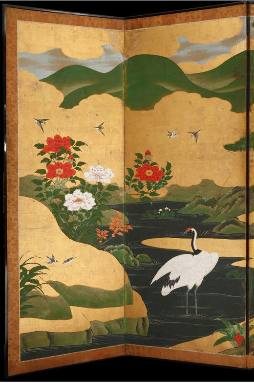 独角鹿西洋古董家具日本江户时代狩野派青松仙鹤纸本金叶六曲屏风 商品图1
