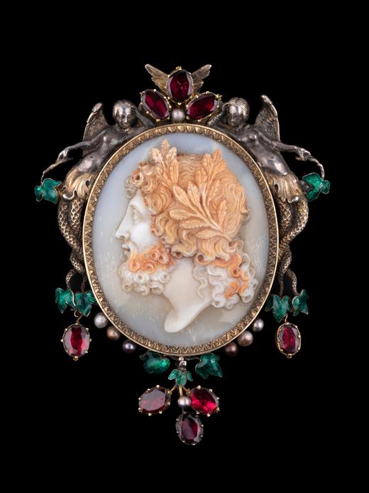 独角鹿西洋古董首饰纯银镀金珍珠石榴石珐琅Cameo玛瑙浮雕胸针 商品图0