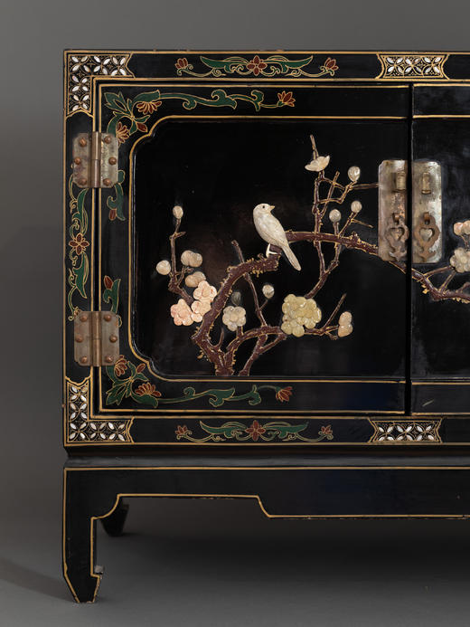 独角鹿西洋古董家具中国木制黑色漆面硬石镶嵌花鸟边柜柜子立柜 商品图1