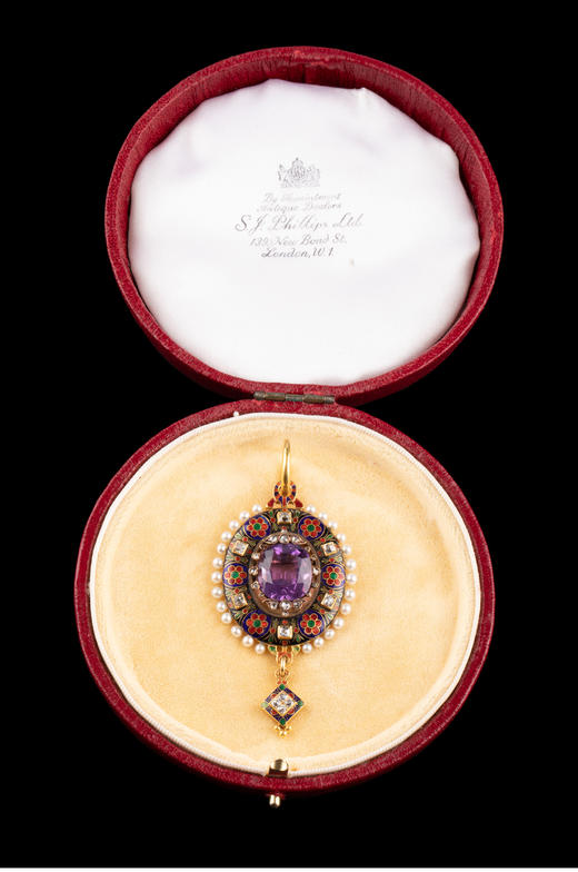 独角鹿西洋古董英国花卉主题18K黄金珐琅镶嵌珍珠钻石紫水晶吊坠 商品图2