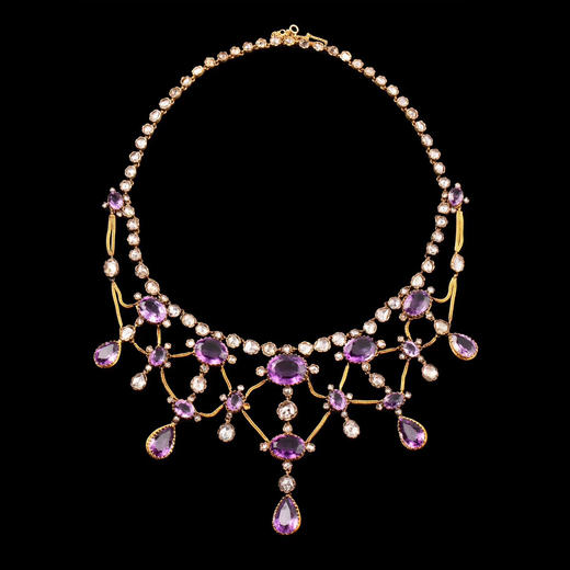 独角鹿西洋古董首饰法国出品18k金镶嵌紫水晶钻石垂花帷幔项链 商品图0