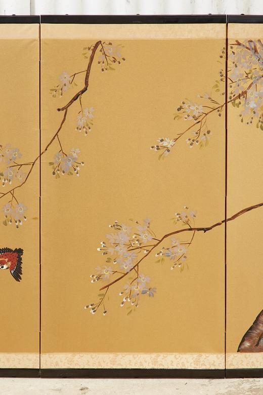 独角鹿西洋古董日本昭和时期手工画樱花四页屏风日式 商品图3