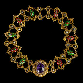 独角鹿西洋古董珠宝首饰1870年代英国紫水晶钻石珍珠珐琅黄金项链