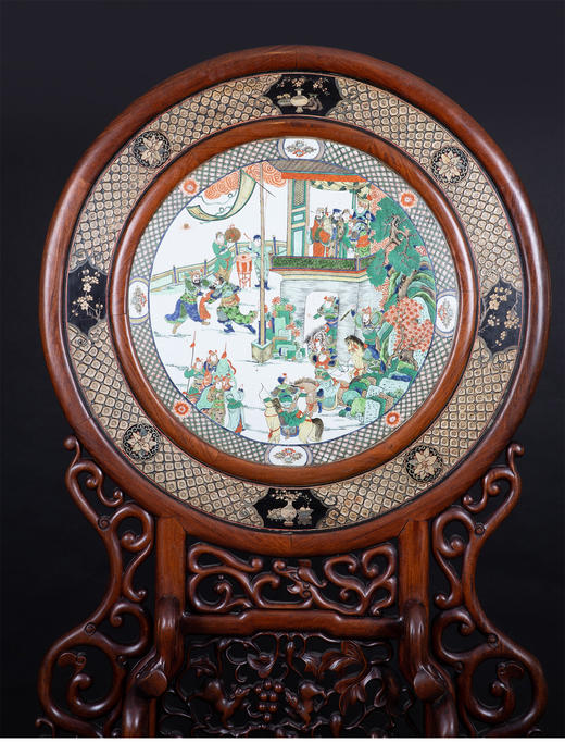 独角鹿西洋古董摆件中国清代漆木雕花嵌历史人物瓷板画大型屏风 商品图2