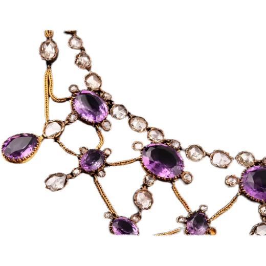 独角鹿西洋古董首饰法国出品18k金镶嵌紫水晶钻石垂花帷幔项链 商品图4