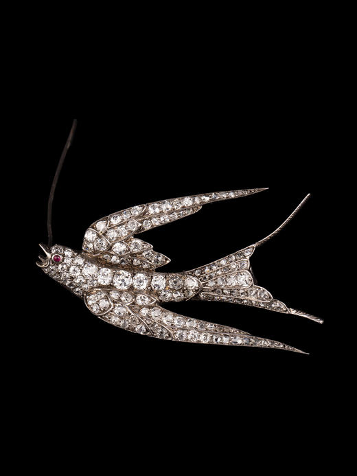 独角鹿西洋古董珠宝首饰黄金底纯银镶嵌钻石红宝石燕子造型胸针 商品图0