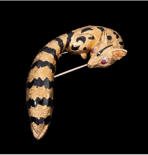 独角鹿西洋古董法国珠宝世家珐琅18K金镶红宝石钻石狐狸造型胸针 商品图3