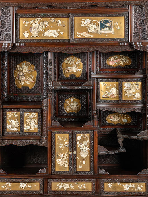 独角鹿西洋古董家具明治漆木镂雕花鸟博古芝山镶嵌多宝阁展示柜 商品图4