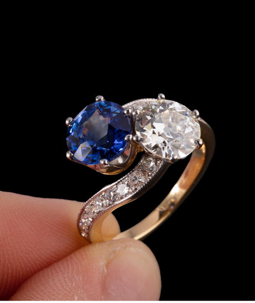 独角鹿西洋古董首饰珠宝欧洲18K金白金镶斯里兰卡蓝宝石钻石戒指 商品图2