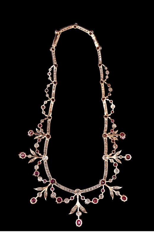 独角鹿西洋古董珠宝首饰18k黄金底纯银镶嵌石榴石红宝石钻石项链 商品图1