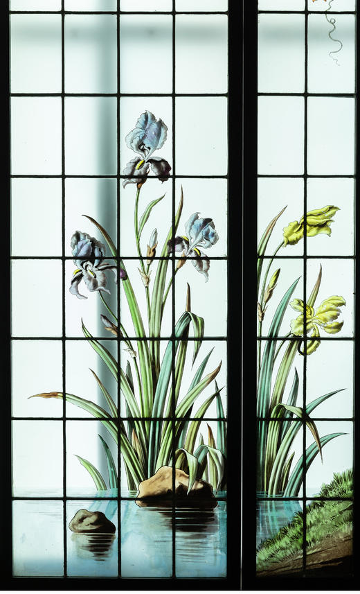 独角鹿西洋古董法国新艺术时期燕雀鸢尾水岸春绘玻璃花窗四件 商品图4