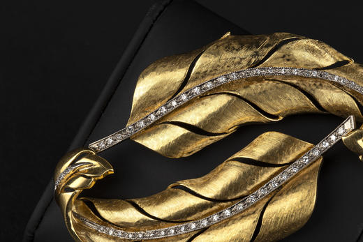 独角鹿西洋古董珠宝首饰1950年代美国出品钻石18k金叶型胸针一对 商品图3