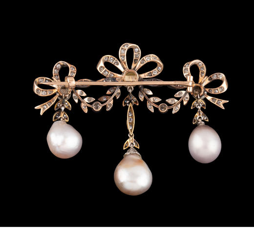 独角鹿西洋古董首饰美好时代黄金纯银镶嵌钻石天然珍珠蝴蝶结胸针 商品图4