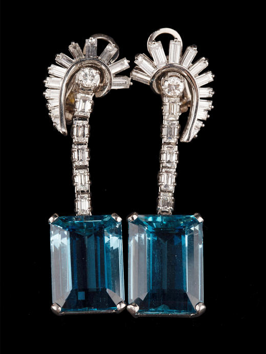 独角鹿西洋古董珠宝Art Deco风格18K白金镶海蓝宝石钻石耳坠耳环 商品图4