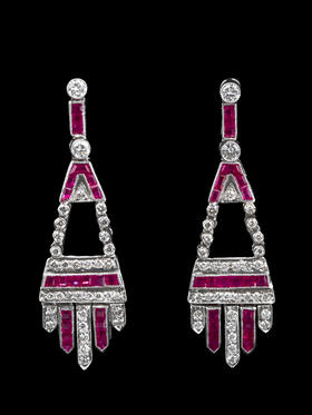 独角鹿西洋古董珠宝法国18k白金镶嵌钻石红宝石耳环耳坠耳饰一对