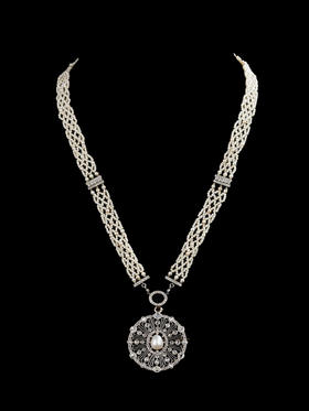 独角鹿西洋古董首饰美好时代18k白金铂金钻石天然珍珠项链胸针