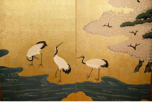 独角鹿西洋古董日本昭和时期湖畔仙鹤主题金地纸本着色六曲屏风 商品图2