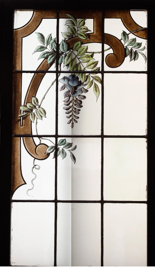 独角鹿西洋古董法国新艺术时期出品水滨花鸟主题彩绘玻璃花窗一对 商品图1