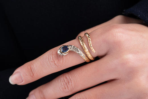 独角鹿西洋古董珠宝首饰20世纪欧洲出品18k金蓝色宝石蛇形戒指 商品图1