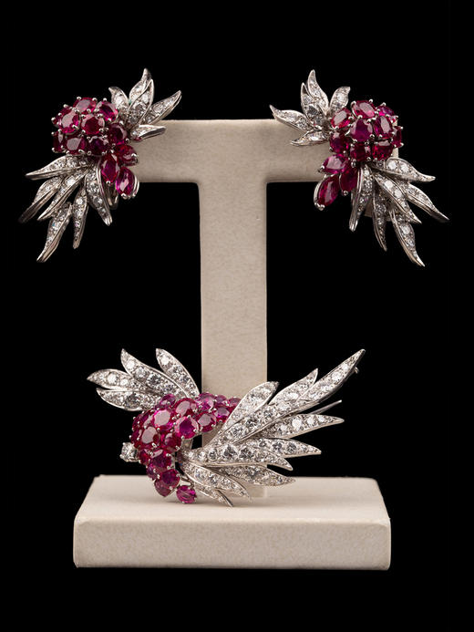 独角鹿西洋古董René Kern18K白金镶钻石红宝石花卉枝叶耳夹胸针 商品图0