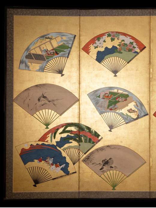 独角鹿西洋古董日本江户时期金地纸本着色东瀛折扇六曲日式屏风 商品图1