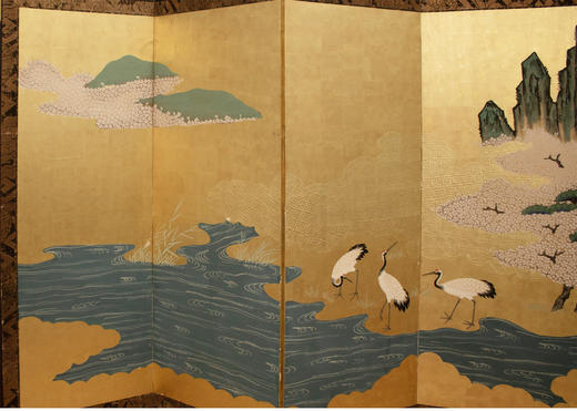 独角鹿西洋古董日本昭和时期湖畔仙鹤主题金地纸本着色六曲屏风 商品图1