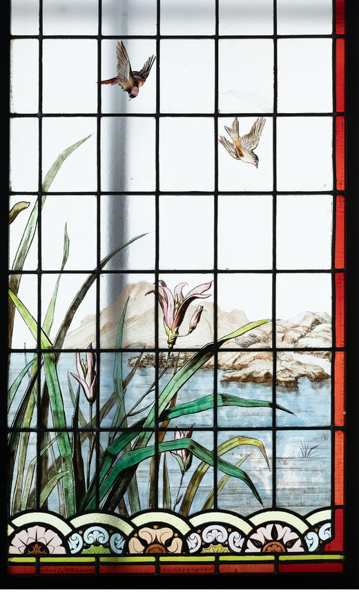 独角鹿西洋古董法国新艺术时期水岸鸢尾雀鸟主题彩绘玻璃花窗一对 商品图4