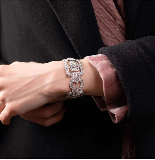 独角鹿西洋古董珠宝法国装饰艺术时期铂金镶嵌钻石几何造型宽手镯 商品图1