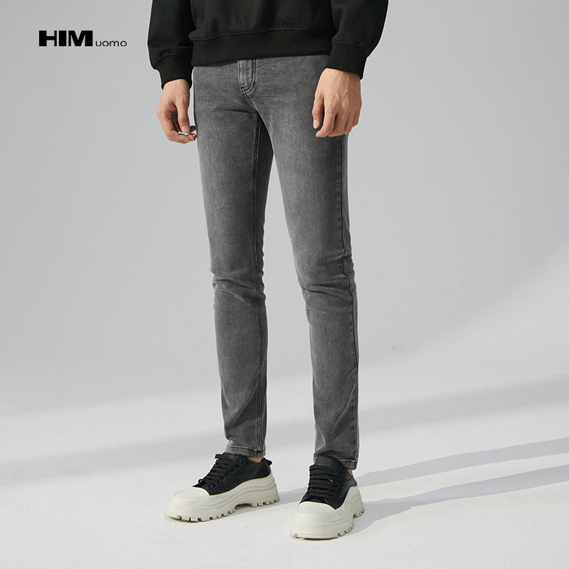 HIM漢崇 修身小脚弹力牛仔裤男休闲紧身灰色水洗磨边扎花2025冬季