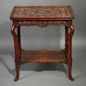 独角鹿西洋古董家具法国出品东方风格木制雕刻镶嵌母贝双层矮桌