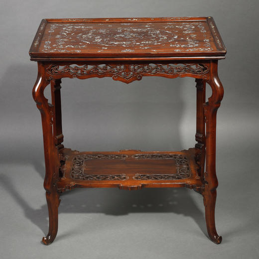 独角鹿西洋古董家具法国出品东方风格木制雕刻镶嵌母贝双层矮桌 商品图0