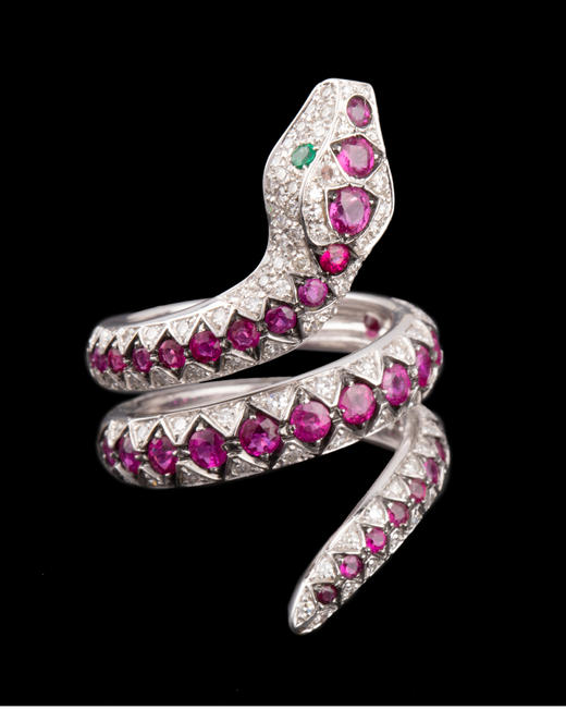 独角鹿西洋古董珠宝首饰白金镶嵌钻石红宝石祖母绿灵蛇造型戒指 商品图3